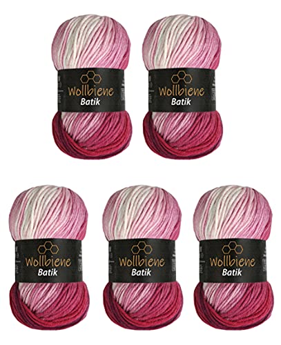 5 x 100g Wollbiene Batik 500 Gramm Wolle mit Farbverlauf mehrfarbig Multicolor Strickwolle Häkelwolle (5300N beere weiß)