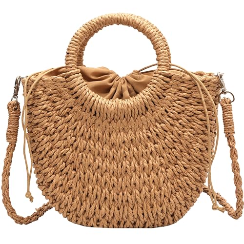 LATRAT Sommer Stroh Handtasche Damen Handgewebte Tasche, Griff oben, Strohhandtasche, Abnehmbarer Schultergurt, Clutch, Sommer Strandtasche Strohtasche Umhängetasche Flechttasche, Brown