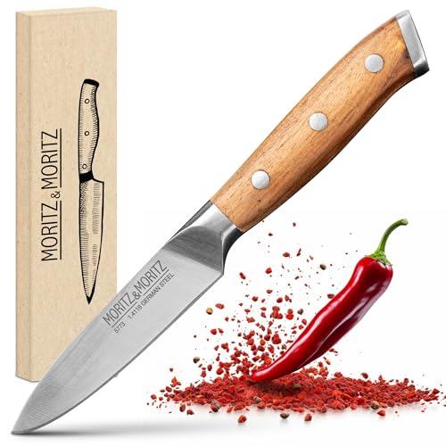 Moritz & Moritz Gemüsemesser 9 cm - Kleines Obstmesser mit scharfer Klinge - Schälmesser für präzises Schneiden - Ergonomischer Griff aus Akazienholz - Allzweckmesser aus deutschem Messerstahl