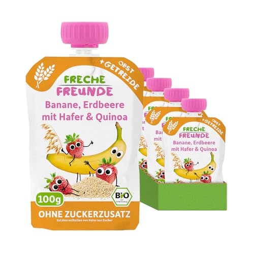 FRECHE FREUNDE Bio Quetschie Banane, Erdbeere mit Hafer & Quinoa, Fruchtmus mit Getreide im Quetschbeutel für Babys ab dem 6. Monat, vegan, 6er Pack (6 x 100g)