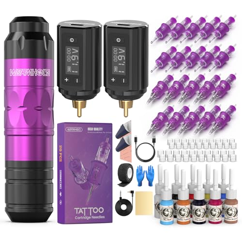 Wormhole Tattoo Maschine Set mit 2 x 1200 mAh Akku, 20 Stück Tattoo Nadeln, 10 tattoo inkster – Drahtlose Tattoo Stifte für Lining und Shading – Ideal für Profis und Einsteiger