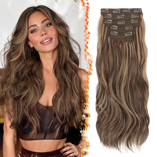 BARSDAR Clip in Haarverlängerungen Highlight, 50cm 5PCs Wellige Clip in Extensions für Frauen Haarextension Natürliches Look Synthetisches Haarteil Hair Extensions - Braun mit Honigblond