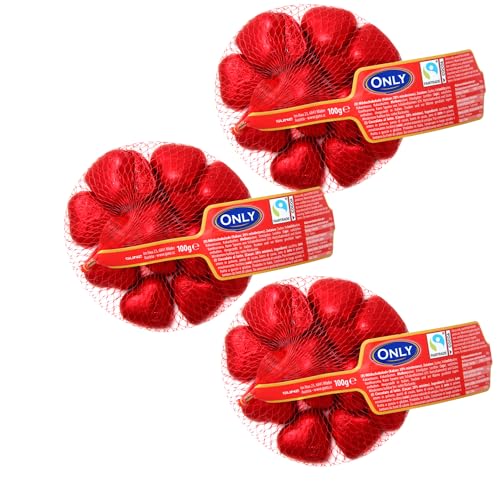 Only Schokoladenherzen - Herzen aus Milchschokolade - Geschenk zum Valentinstag, Geburtstag, Muttertag - Dekoration für das Candle Light Dinner - zart schmelzende Schokoherzen, 3x100g - FAIRTRADE
