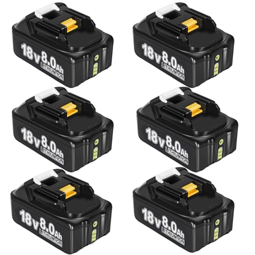 6 Stück 8.0Ah Ersatzakku für Makita Akku 18V, Kompatibel mit Makita 18V Akku BL1860 BL1840 BL1830 BL1820 BL1815 BL1835 BL1845 Akkus Werkzeuge (8.0Ah-6 Stück)