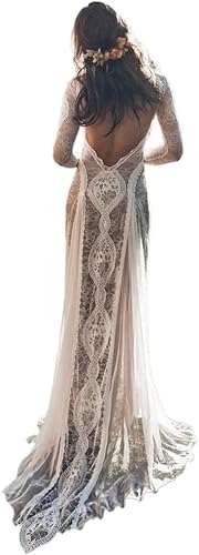 Stilvolles Hochzeitskleid, Vintage-Spitze, rückenfrei, Boho-Strand, stilvolle Brautkleider, langärmlig, nacktes Futter, ländliche böhmische Brautkleider, Weiß, 44