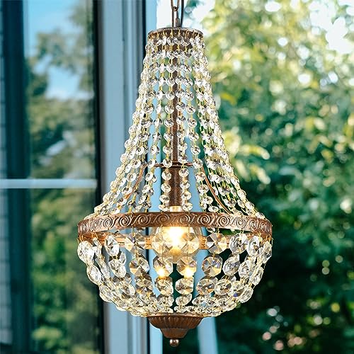 LED Kristall Kronleuchter Gold Vintage Industrielle Esszimmer Kristall Hängelampe Dimmbar Pendelleuchte 3000K-6500K Esstisch Esstischlampe Hängend Kristall Lampe Runde Käfig E27 Wohnzimmerlampe Flur