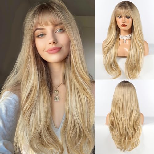 HAIRCUBE Lange blonde Perücke mit Pony, geschichtete lockige Perücken für Frauen, natürliche synthetische Perücken für den täglichen Gebrauch (Pelucas de cabello natural)