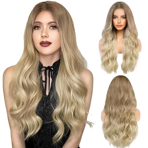LUFFLOK Lange Gewellt Blond Perücke für Frauen 68cm Lange Lockige Volle Perücken Damen Gewellte Hitzebeständig Volle Haar Perücke für Tägliche Karneval (Blond)