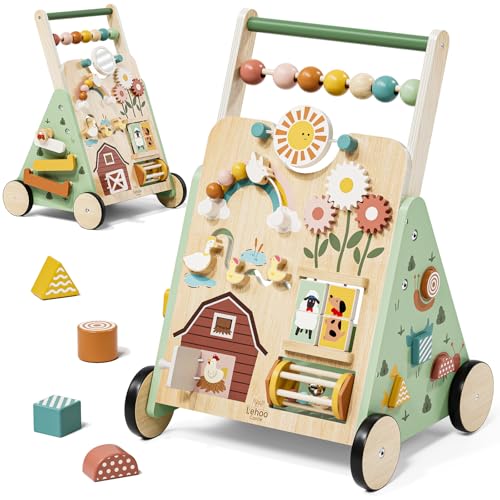 Lehoo Castle Lauflernwagen, Gehhilfe Baby mit Activity Board, Baby Walker, Lauflernhilfe, Lauflernwagen Holz mit Bremse, Baby Laufwagen Spielzeug 1 Jahr