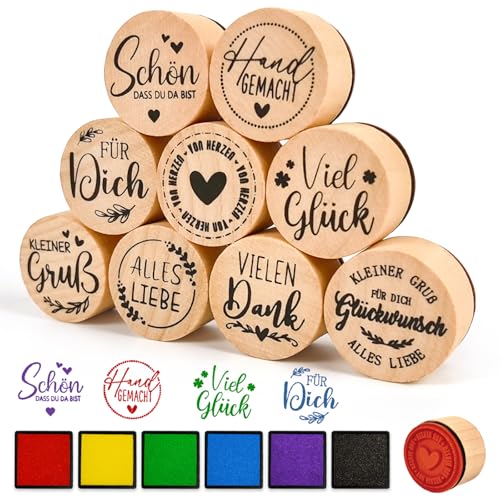 9Pcs Stempel Holz mit Stempelkissen, Vielen Dank Holzstempel Schön Dass du da Bist Viel Glück Stempelset, Stempel Danke für Geschenkverpackung Grußkarte Einladung Kartenbasteln Scrapbooking