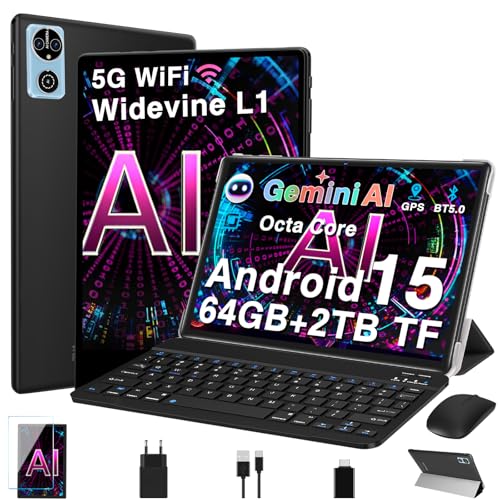 Tablet 10 Zoll Android 15 Tablets mit 64GB+2TB TF, Gemini AI, Widevide L1 FHD IPS, Octa-Core 2.0GHz, 5G+2.4G WLAN, 8MP+5MP, BT5.0, Face ID,6000mAh, BT5.0, GMS Tablet mit Tastatur und Maus - Schwarz