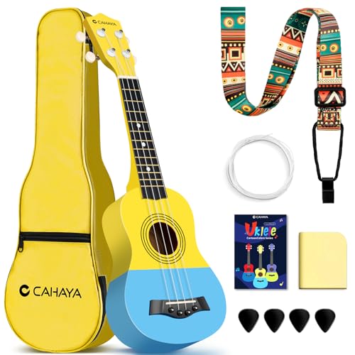 CAHAYA Sopran-Ukulele mit Gigbag für Kinder Anfänger: Linde Material Ukulele mit Geared-Machine, Gurt, Noten, Saiten, Reinigungstuch, 4 Plektren, 21 Zoll Gelb-Blau