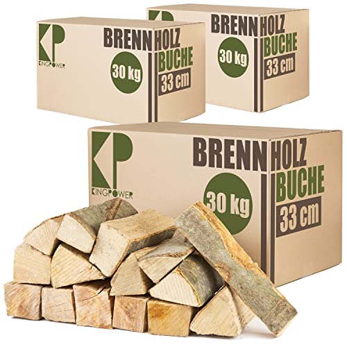 Reine Buche Brennholz 25cm und 33cm Kaminholz 90kg für Kaminofen Lagerfeuer Feuerschale Ofen Grill Buchenholz kammergetrocknet ofenfertig Holzscheite Kingpower, Länge:33 cm