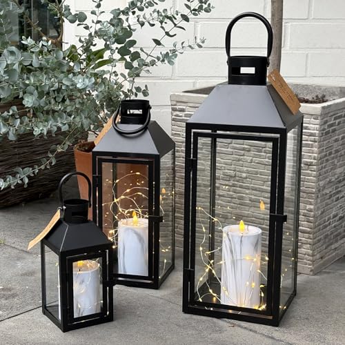 Mojawo 3er Set Gartenlaterne Windlicht Laterne Laternen Metalllaterne Set Dekoration Außen Metall Schwarz H23/39/49cm
