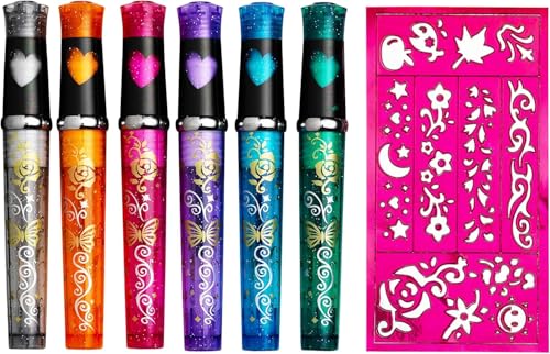 Panduro Tattoo Stifte Kinder 6er Set, Glitzer Tattoo Stifte Kinder, Hautfreundlich, 1 Schablone mit unterschiedlichem Muster, Perfekt für Mädchen, Geschenk, Geburtstagsfeiern, Karneval und Weihnachten