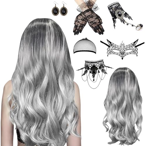 7Pcs Karneval Perücke Grau Damen, Perücke Halloween Damen, Lange Gewellt Silber Grau Perücke, Grey Wig Lang Haar Gelockt, Hexenperücke Gotisch Halskette Armbänder, Perücke Damen für Halloween Karneval
