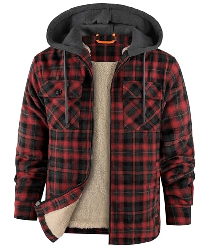 zitysport Hemdjacke Herren Hemd Sherpa Fleece Kariert Gefüttert Kapuzenjacke Fleecefutter Mantel Winterjacke mit Taschen Flanelljacke Outdoor Kariertes Männer Sweatjacke mit Kapuze(Rot Grau, 2XL)