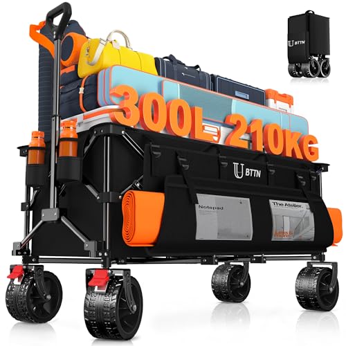 BTTN XXXL Bollerwagen Faltbar 300 L / 210 kg Traglast – mit Bremsen, 18×10 cm Breitreifen – Klappwagen für Garten, Strand, Camping & Einkaufen – Schwarz