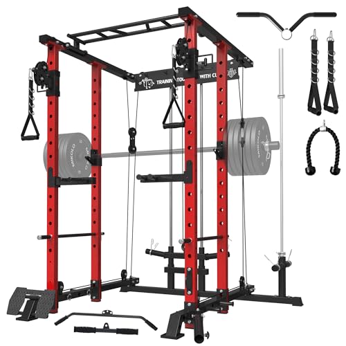 ZERELEK Power Cage, Power Rack mit Latzugstange, Kabelzugstation mit J-Hacken, Landmine, Band Peg, Battle Rope Seil, Squat Rack mit 680kg maximaler Belastung für das Heim-Fitnessstudio