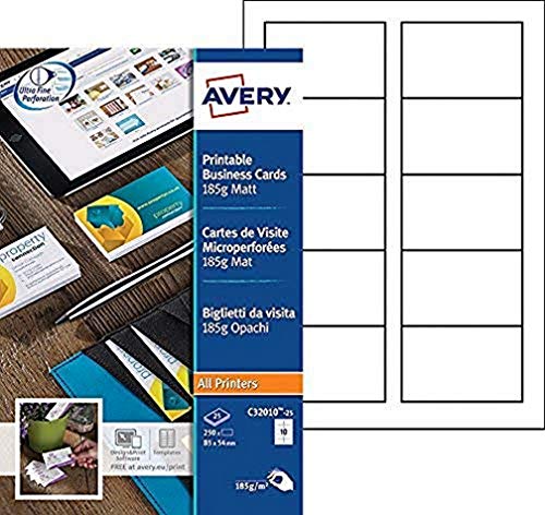 AVERY - Packung mit 250 bedruckbaren Visitenkarten, aus matter weißer Karton, 185 g/m², Format 85 x 54 mm, Laser/Tintenstrahldruck, (C32010-25)