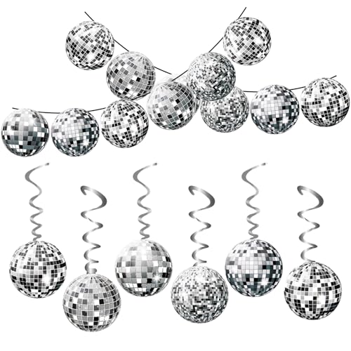 24 Stück Discokugel Deko Girlande mit Banner Disco Spiral Ornament 70er Retro Disco Deko Party Set für Tanzparty, Geburtstag, Jubiläumsfeier