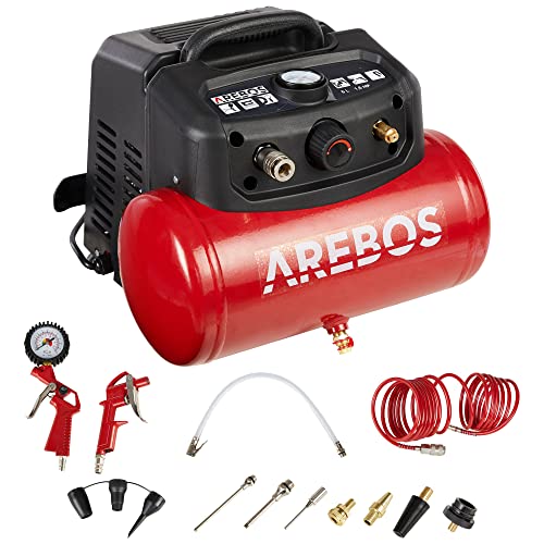 Arebos 6L Druckluftkompressor 1200W | 180 L/min Saugleistung | 8 bar Kompressor inkl. 13-tlg. Druckluft-Werkzeug-Set | Ölfrei & leise | Abschaltautomatik | Kompakt, mobil & robust | inkl. 2 m Kabel