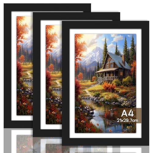 KENPOJO 3er Set Bilderrahmen A4 Holz, Bilderrahmen Schwarz mit Passepartout MDF Rahmen Bruchsicheres Acrylglas, Fotorahmen zum Aufhängen & Aufstellen Photo Frame für Fotos, Bilder, Puzzles, Poster