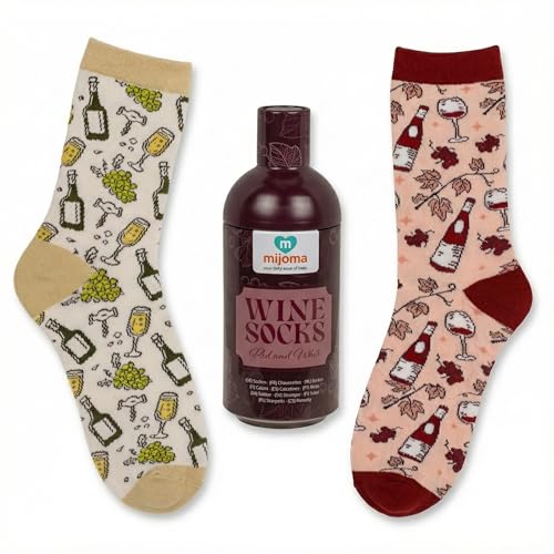 MIJOMA Wein Socken Geschenkset – 2 Paar Socken mit Rot- und Weißwein Motiv in Flaschenverpackung – Einheitsgröße – originelle Geschenkidee für Weinliebhaber
