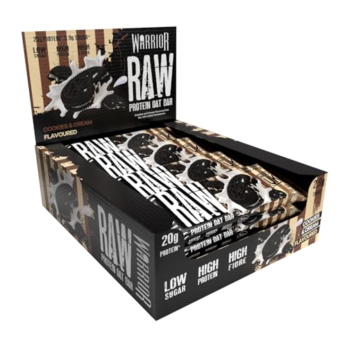 Warrior Raw Protein Riegel Flapjack 12 x 75 g (Kekse & Sahne) – Zuckerarmer, ballaststoffreicher Mahlzeitenersatz & Frühstücks-Hafer-Snack für Energie, muskelaturaufbau & Sättigung