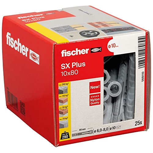 fischer Spreizdübel SX Plus 10 x 80, Schachtel mit 25 Nylondübeln, Dübel für optimalen Halt bei Befestigungen in Beton, Vollziegel, Porenbeton, Hochlochziegel uvm.