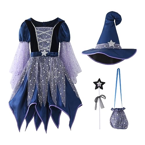 Allbestop Kinderkostüm Hexe Halloweenkostüme Karneval Cosplay Halloween Fasching Party Outfits Lila Set Mit Hut Besen Rock Und Umhang Violett Prinzessin Kleid Kostüm Kinder Mädchen Hexen Zubehör