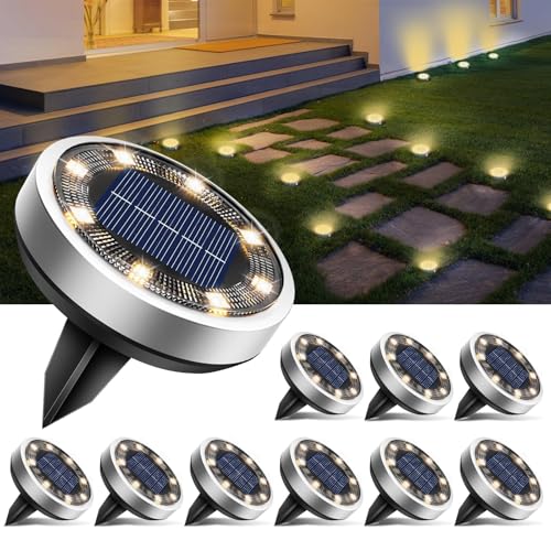 btfarm 10 Stück Solar Bodenleuchten Aussen, 8 LED Gartenbeleuchtung Solar Wasserdicht Boden Solarleuchten, Solarlampen für Außen Garten Rasen Auffahrt Gehweg Patio, Warmes Weiß