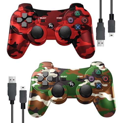 SWCTIM PS3 Controller Wireless 2 Pack,Verbesserte Fernbedienung für PS3,6-Achsen Gyro Sensor,Doppelter Vibration,USB-Ladekabel (Camo Rot und Camo Grün)