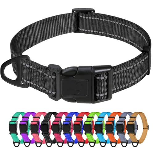 TagME Nylon Hundehalsband, Verstellbares Reflektierendes Hundehalsband mit Sicherheitsschnalle für Kleiner Hund, Schwarz, 1.5cm Breite