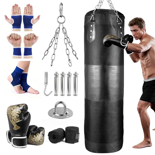 wowspeed Boxsack Hängend für Erwachsene, 100cm Ungefüllter Box Sack für Zuhause, Sandsack Boxen mit Boxhandschuhen, Wraps, Kette, Deckenhaken für Boxen, Kickboxen, MMA, Muay Thai, Karate, Taekwondo
