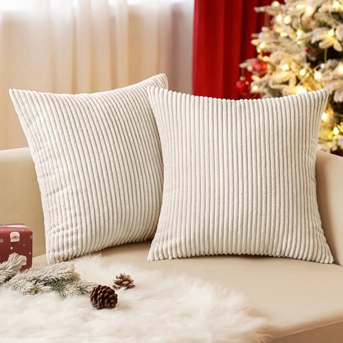 EMEMA Kissenbezug 40x40 cm Weihnachten Kordsamt Kissenbezüge Dekokissen Sofakissen Cord Kissenhülle Zierkissenbezug Kord Dekorative Weiche für Sofa Wohnzimmer Schlafzimmer 2er Set Beige