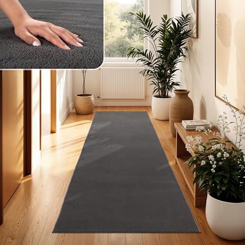 Paco Home Moderner Kuscheliger Wohnzimmer Teppich Kurzflor waschbar flauschig Weich Einfarbig Felloptik zeitlos stilvoll rutschfest pflegeleicht, Grösse:80x150 cm, Farbe:Anthrazit