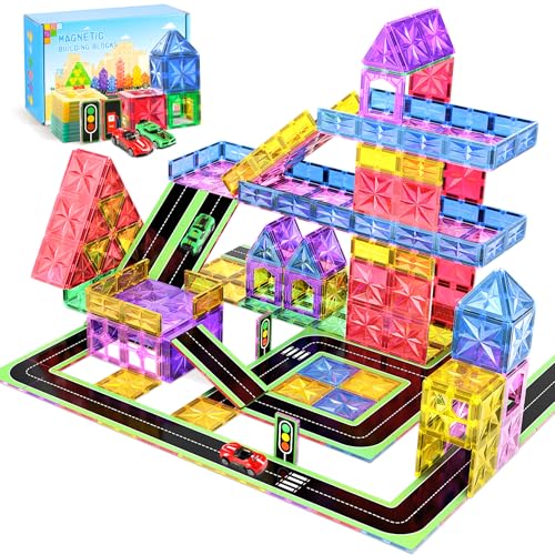 Perbabe Magnetische Bausteine, 72 Teile Magnete Kinder Stärker Magnetbausteine, Magnetische Fliesen Stadtstraßen-Set mit 2 Autos Magnetspiel ab 3 4 5 6 7 8 Jahre Vorschule Lernen
