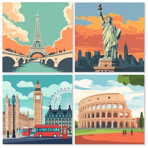 TOSTOG 4 Stück Stadt Malen Nach Zahlen Erwachsene mit Rahmen Paris London Rom DIY handgemaltes Ölgemälde-Set für Erwachsene und Anfänger Perfekt für Jedermann als Geschenk(20x20CM)