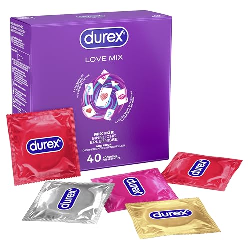 Durex Love Mix Kondome-Mischung – Vielseitige Mixpackung mit 5 verschiedenen Kondom-Sorten zum Ausprobieren – 40 Kondome (1er Pack)