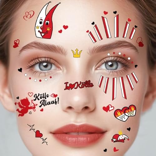4 Blatt Gesichtstattoo Kölner Karneval Kostüm Damen Herren Gesicht Aufkleber, Klebetattoos Kölle Alaaf Rot Weiss Herz Clown Face Fake Tattoos, Erwachsene Karnevalskostüm Schminke Accessoires
