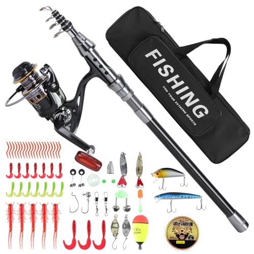 Achort Teleskopangel 1,8m Angelrolle Angelruten-Spule Kombi Set, Angelset Spinnrollen Angelzubehör mit Angelschnur/Angelköder-Zubehör/Tragetasche zum Angeln in Salzwasser und Süßwasser
