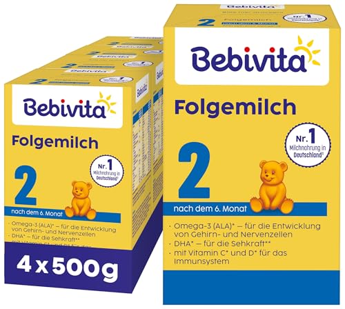 Bebivita 2 Folgemilch (4 x 500g), nach dem 6. Monat, mit Vitamin C und D, Omega-3 (DHA), altersgerecht sättigend