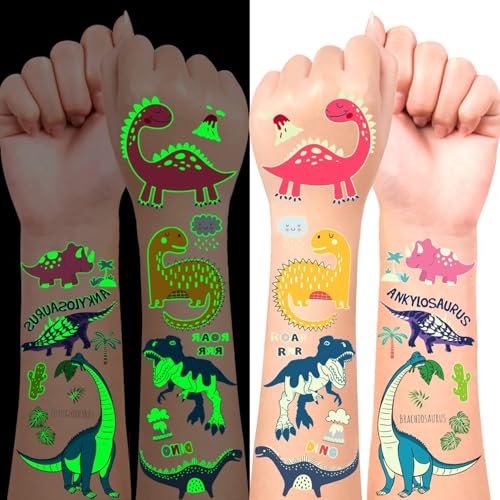 LEADTEAM 90 Stück Dinosaur Tattoo Kinder Jungen, Leucht Kindertattoos Temporäre Tattoos Aufkleber Sticker, Dinosaurier Spielzeug Geschenk Geburtstag Deko Party Mitgebsel Kindergeburtstag Junge