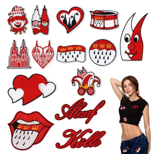 14 Stücke Bügelflicken Bügelbilder Köln Karneval Bügelbilder Karneval Flicken zum Aufbügeln Karnevals Deko Rot Weiß Bügelflicken Kölner Karneval Kostüm