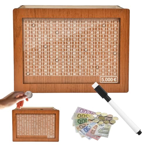 JWDMHSJ Spardose aus Holz, spardose mit zähler, sparbox mit Zahlen ankreuzen, sparschwein aus Holz mit zähler, Wiederverwendbare Spardose, für Erwachsene und Kinder mit Sparziel (5000€)
