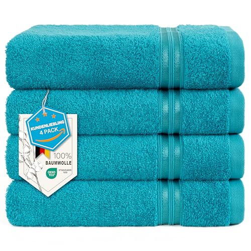 Hammetex 4er Badetuch Set, 100% Baumwolle Premium Qualität Groß 50x100cm Handtuch, Weich Saugstark Schnell Trocknendes Händehandtuch, Türkis