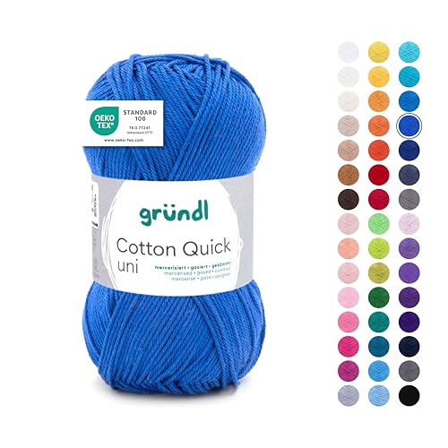 Gründl Wolle Cotton Quick uni - dünne Wolle zum Häkeln - Strickgarn - Häkelgarn - Glänzend und hautfreundlich - 100% Baumwolle - 1 Knäuel 50 g / 125 m - Nadelstärke 3-4 - Royalblau