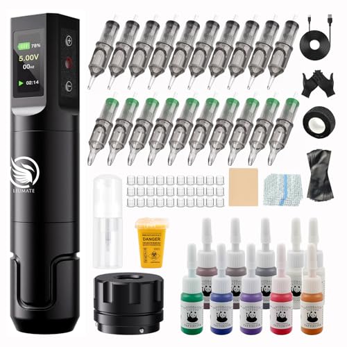 LIUMATE Rotary Machine Set Drahtlos Battery Pen 1600mAh Battery mit 20 Stück Nadel 10 Tinte Komplettes Zubehör für Anfänger und Künstler