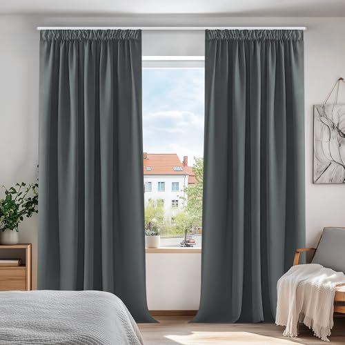 Deconovo Vorhänge mit Kräuselband Blickdicht Kälteschutz Vorhang Verdunkelung Gardinen Wohnzimmer, 175x140 cm(HöhexBreite), Dunkelgrau, 2er Set